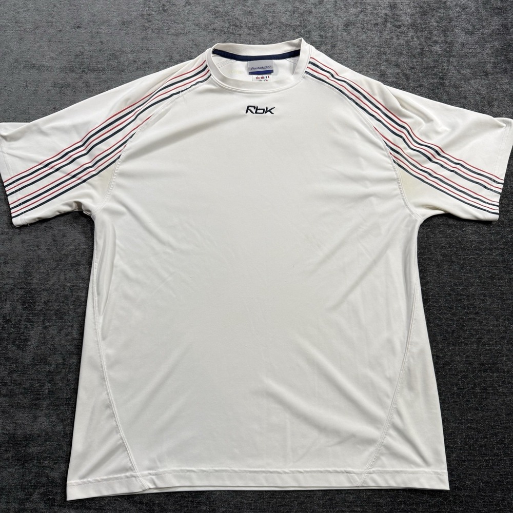 Reebok Shirt Men's Medium White With Stripes Performance Athletic Active Stretch